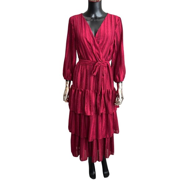 Melonie T Red Tiered Ruffle Midi Dress Size 10 Long Sleeve V-Neck Holiday Party - Picture 2 of 9